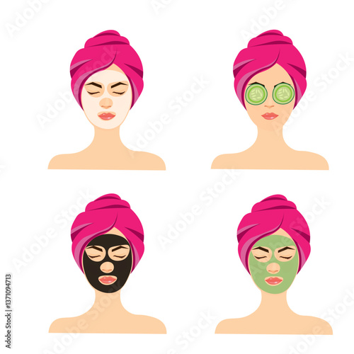 Vector - Cute girl with a cosmetic mask and cucumber on her face and with a towel on the head isolated on white background