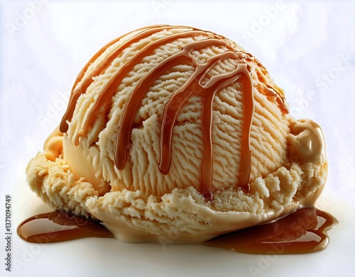 Creamy Vanilla Ice Cream Topped With Rich Caramel Sauce on a White Plate