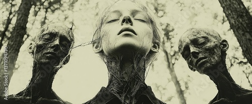 Striking sepia scene with a serene woman centered between two gaunt figures in a forest setting