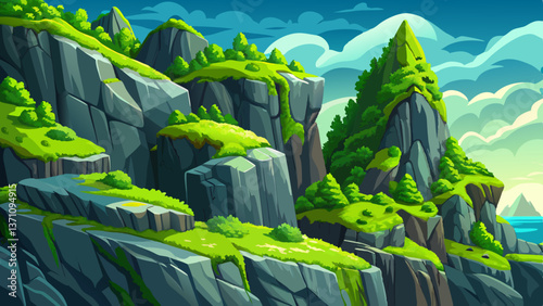 steep rugged cliffs covered with vibrant green moss growing abundantly in crevices, earthy rock surfaces landscape illustration