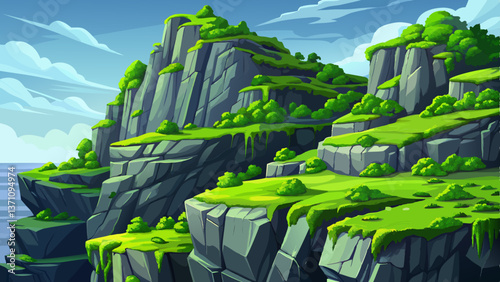 steep rugged cliffs covered with vibrant green moss growing abundantly in crevices, earthy rock surfaces landscape illustration
