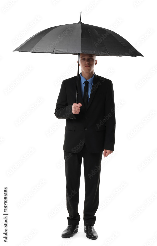 Man in suit with black umbrella on white background Man in suit with black umbrella on white background