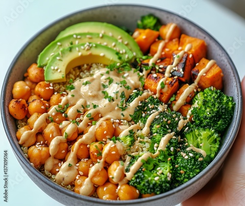 Healthy Quinoa Bowl With Chickpeas, Avocado, and Roasted Vegetables for a Nut...