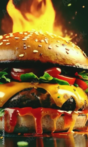 Fast food video. A delicious burger with a cutlet, tomatoes and sauce is spinning in the air, creative advertising
