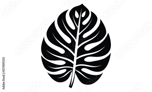 Monstera leaf isolated silhouette, Monstera leaf isolated on white background. Black monstera leaf silhouette. Tropical tree. Vector illustration 