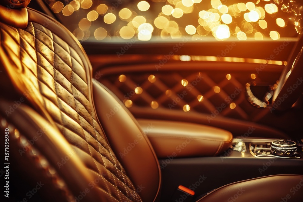 Fototapeta premium Luxurious car interior featuring brown quilted leather seats illuminated by golden light