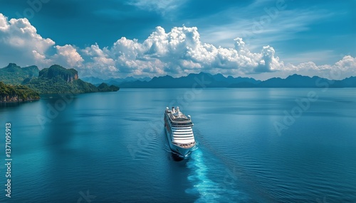 Cruise Ship Navigating Clear Waters Near Lush Islands Under Bright Sky During...