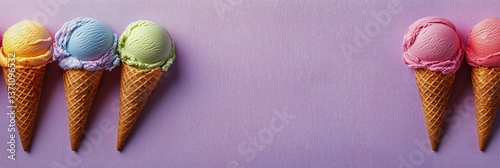 Colorful Ice Cream Cones Arranged on a Purple Background in a Delightful Summ...