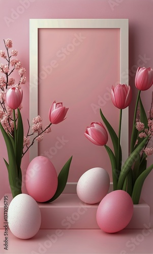 Vibrant Pink Tulips in a White Vase With Pastel Eggs for Spring Decoration
