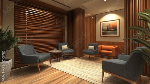 Modern office waiting area with wooden decor  comfortable seating  and artwork
