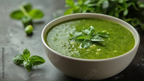 Fresh Basil Pesto Served in a Bowl With Whole Leaves and Spices on a Light Ba...