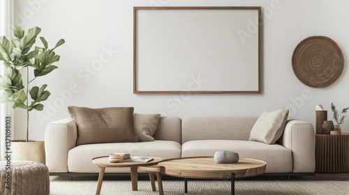 Modern living room interior composition with mock up poster frame, beige sofa, wooden side table and small home decorations. Creative home staging. White wall. Copy space. Template. 