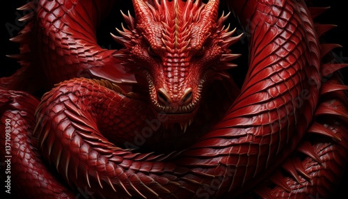 A high, zoomed out birds eye view up of a huge coiled up red dragon with lots of spikes with spiky sharp points spread out all over it’s back