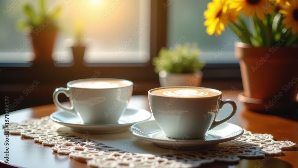 two cups of cappuccino with latte art two cups of cappuccino with latte art