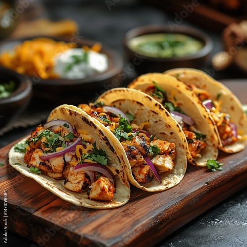 Delicious Grilled Chicken Tacos Served on a Wooden Board With Fresh Toppings