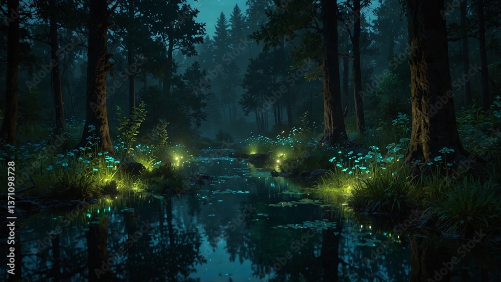 Obraz premium Mystical forest at night with glowing plants by a serene river under a starry sky 