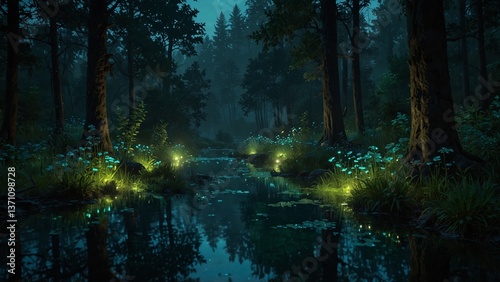 Mystical forest at night with glowing plants by a serene river under a starry sky

