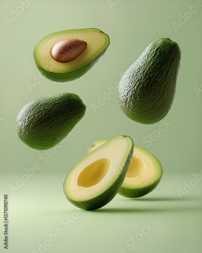 Sliced Avocados Floating Against a Green Background Showcasing Fresh Organic ...