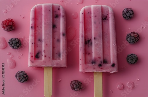 Delicious Berry Popsicles on a Pink Background With Fresh Raspberries and Bla...