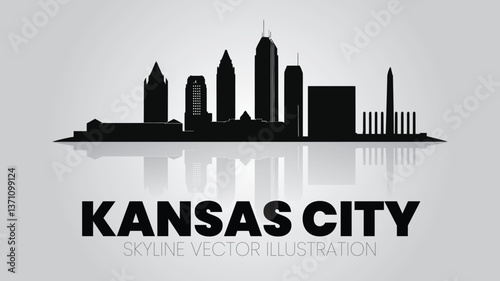 Kansas City skyline silhouette on a white background, showcasing the Kauffman Center for the Performing Arts, Union Station, and Liberty Memorial. photo