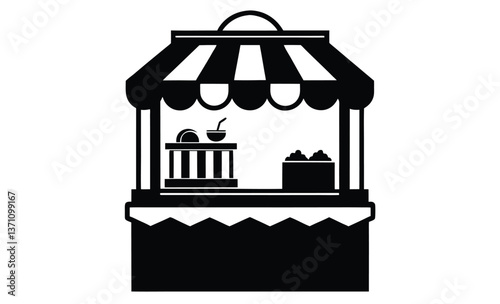 Street food stall icon silhouette, Street Food Stall Silhouette, An inviting black and white silhouette of a classic street food cart, perfect for representing culinary delights, festivals, and small 