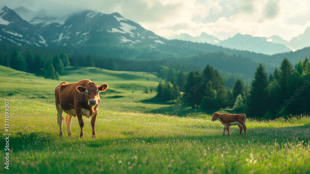 little calf and mother on green meadow with little cow