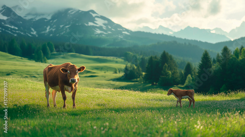 Obraz na płótnie little calf and mother on green meadow with little cow w salonie