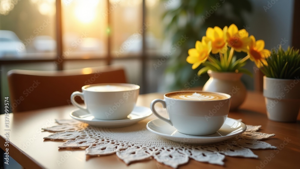 two cups of cappuccino with latte art two cups of cappuccino with latte art