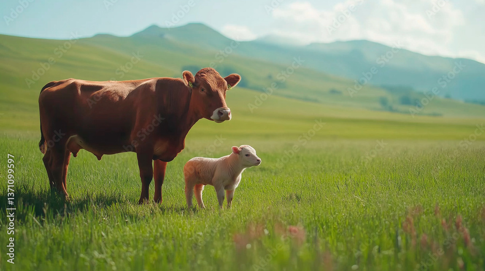 little calf and mother on green meadow with little cow