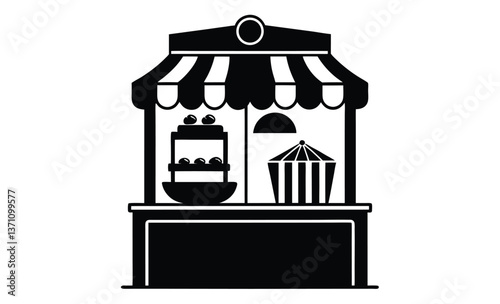 Street food stall icon silhouette, Street Food Stall Silhouette, An inviting black and white silhouette of a classic street food cart, perfect for representing culinary delights, festivals, and small 
