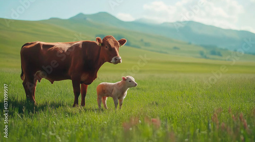Obraz na płótnie little calf and mother on green meadow with little cow w salonie