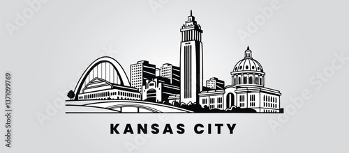 Kansas City skyline silhouette on a white background, showcasing the Kauffman Center for the Performing Arts, Union Station, and Liberty Memorial.