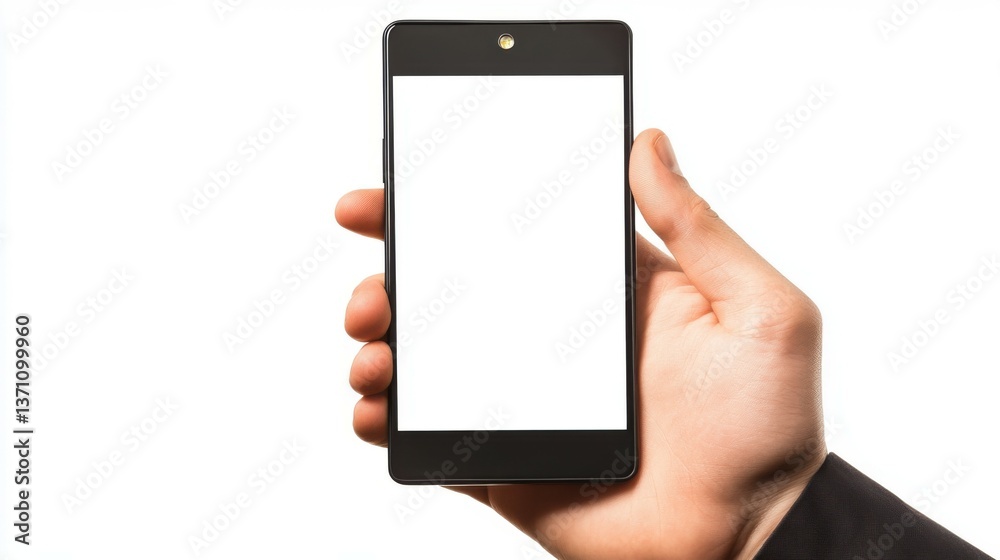 Man hand holding smartphone isolated blank white screen Man hand holding smartphone isolated blank white screen