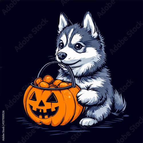 Adorable husky puppy carrying a pumpkin-shaped basket full of candies, celebrating halloween night