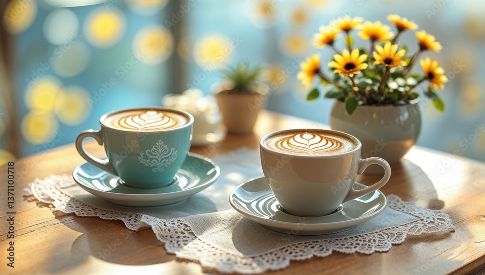 two cups of cappuccino with latte art two cups of cappuccino with latte art