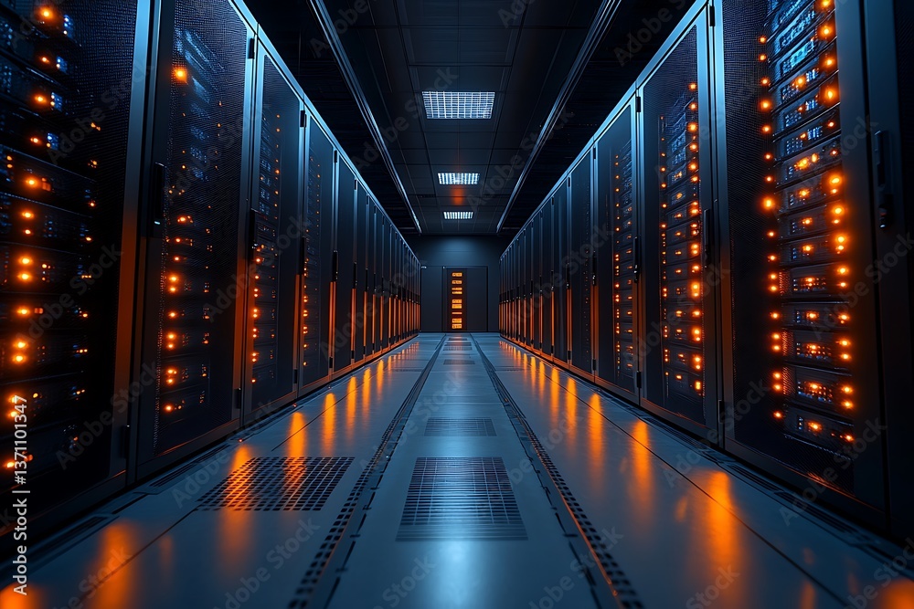 Server room with glowing lights and reflective floor in a hallway Server room with glowing lights and reflective floor in a hallway