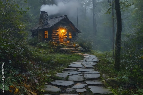 A stone pathway through a forest, leading to a hidden cabin with smoke curling from the chimney