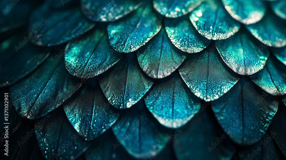 Obraz premium Macro shot of a sirenâs iridescent scales shimmering in shades of deep blue and emerald green under the moonlight.