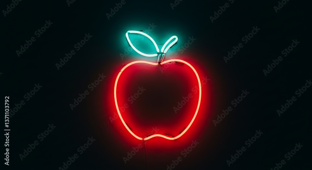 Obraz premium Glowing Neon Apple Sign Bright Red and Green Colors