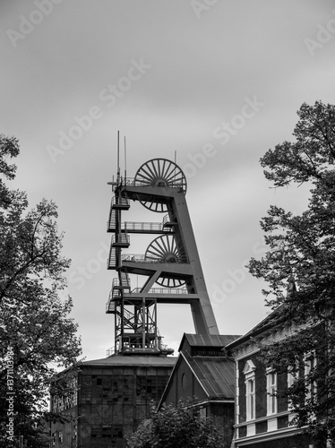 disused coal mine in black and white