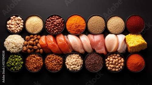 Fototapeta Naklejka Na Ścianę i Meble -  Assorted food groups in rows nuts, grains, protein, pulses, & spices on a black background