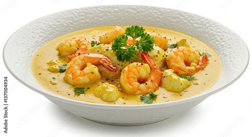A bowl of creamy shrimp and fish stew garnished with parsley on a white background close up view