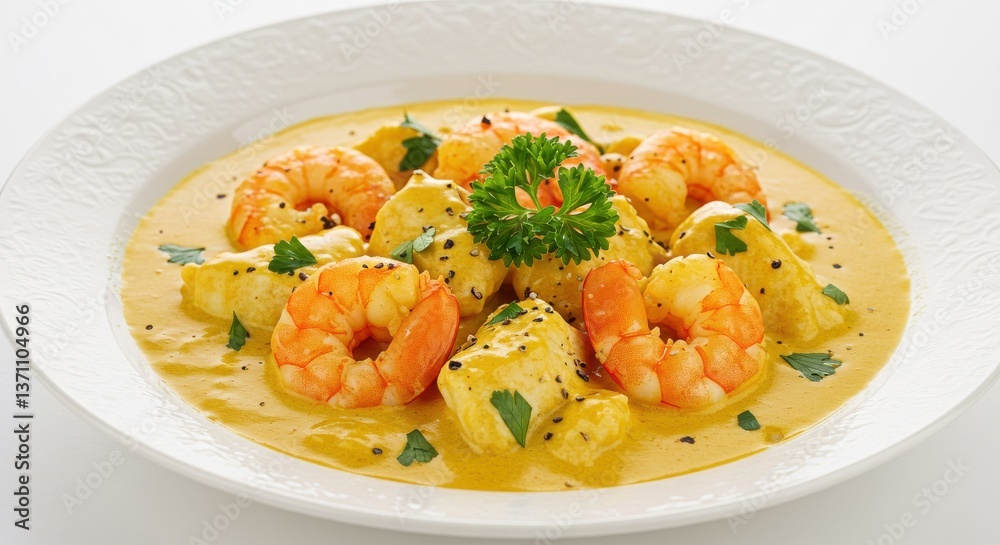 Close up of shrimp and potato curry in a white bowl garnished with parsley on a white background Close up of shrimp and potato curry in a white bowl garnished with parsley on a white background