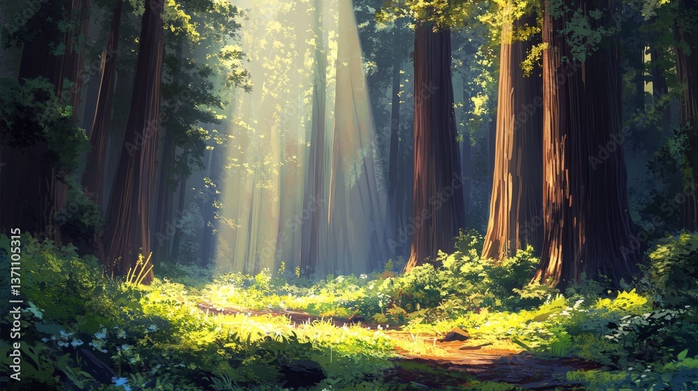 Obraz premium Sunlight filters through towering forest trees.
