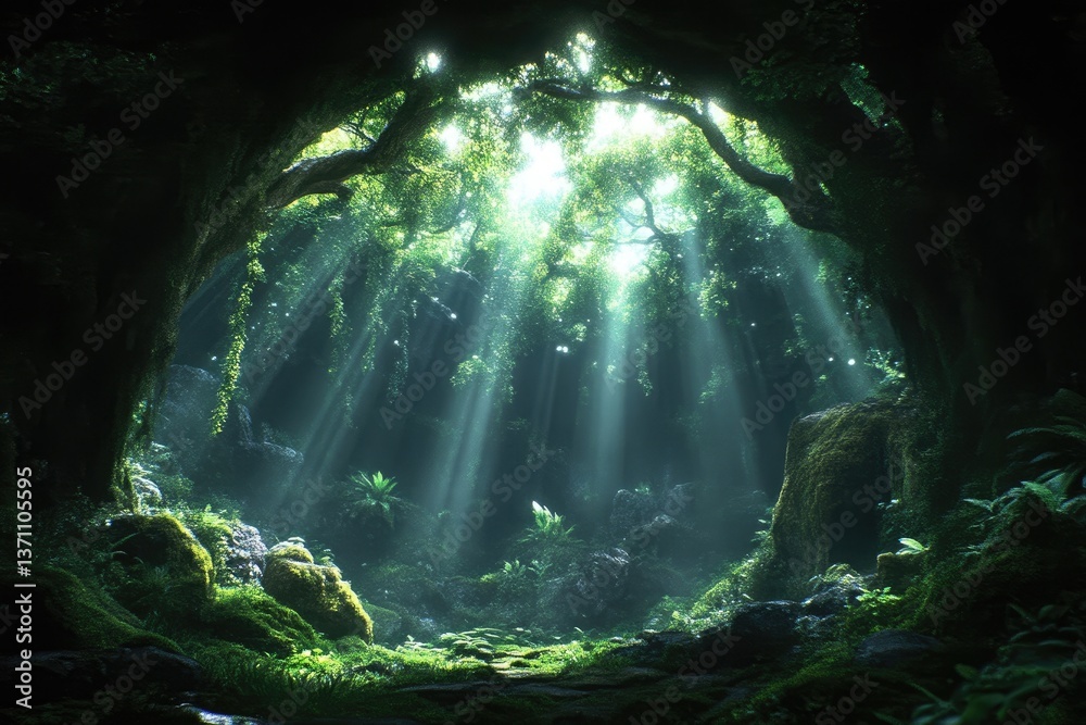 Obraz premium Lush forest interior, sunlight streams through canopy