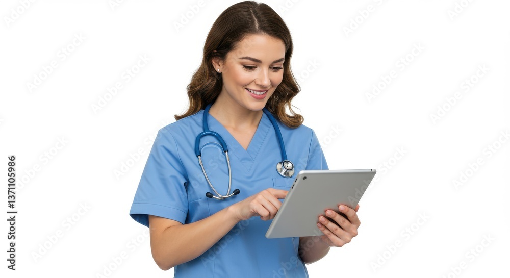A smiling nurse in scrubs using a tablet on a white background in a studio setting for medical use