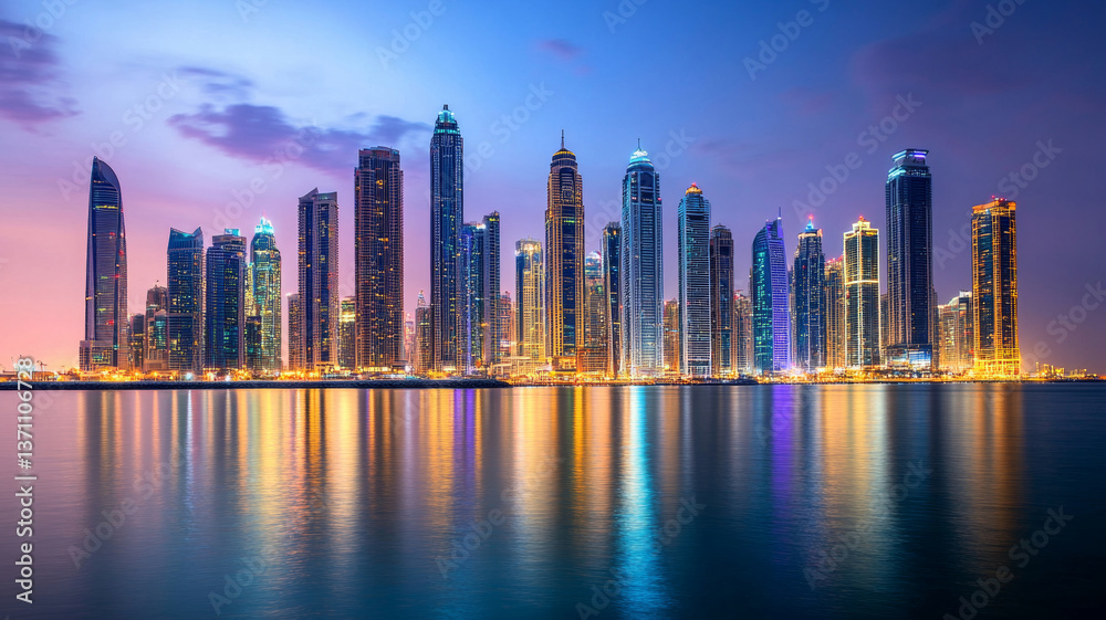 Fototapeta premium A skyline of modern skyscrapers at sunset with reflections in the water