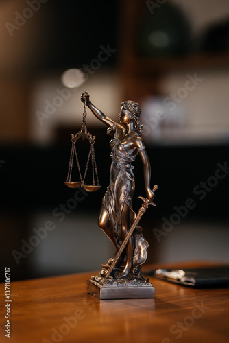 Fotografie The Statue of Justice symbol on wooden table, legal law concept