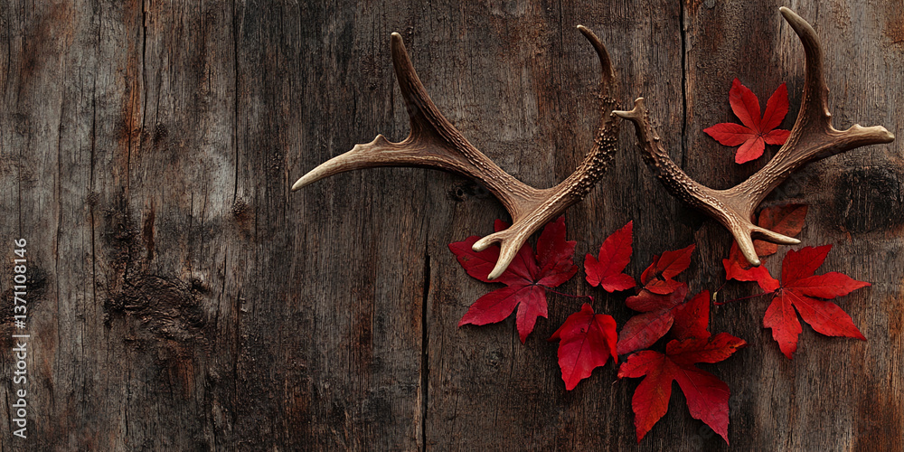 Deer antlers and red autumn leaves arranged on dark wood background, creating a rustic and natural autumnal scene, ideal for fall themed designs or seasonal advertising Deer antlers and red autumn leaves arranged on dark wood background, creating a rustic and natural autumnal scene, ideal for fall themed designs or seasonal advertising