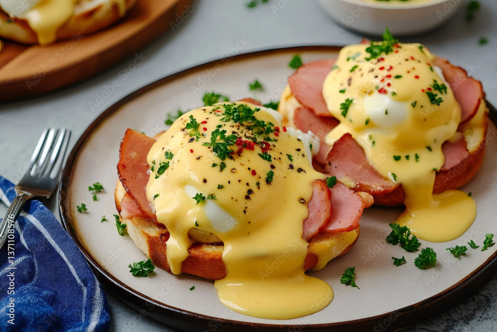 Eggs Benedict with Ham on a Plate for Breakfast. .Healthy appetizer. Eggs Benedict with Ham on a Plate for Breakfast. .Healthy appetizer.